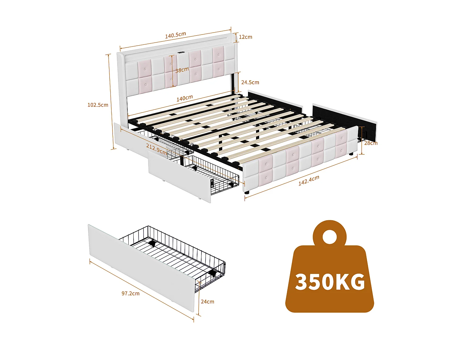 Lit double 140 x 200 cm, capitonné, avec prise USB et lampe LED, lit adulte avec 4 tiroirs de rangement, sommier à lattes en bois, velours