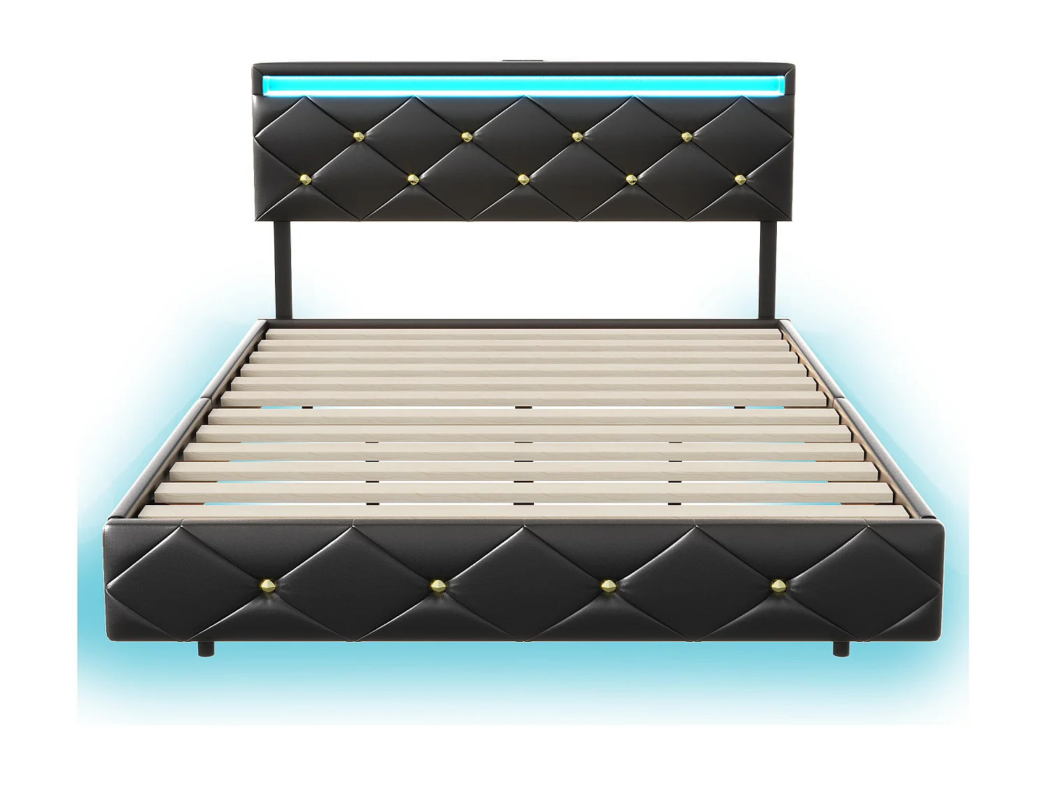 Lit 160x200 cm, lit double avec bande lumineuse et tête de lit réglable, tête de lit rembourrée avec port de charge, PU, noir