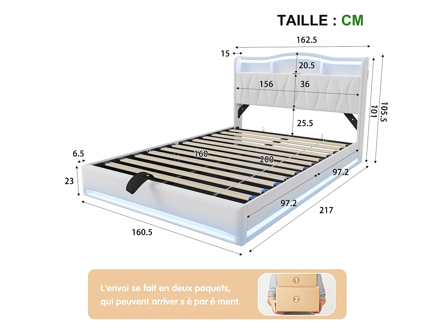 Lit rembourré 180x200 cm avec bande lumineuse, 4 tiroirs, tête de lit réglable en hauteur avec port de charge, lin, gris foncé