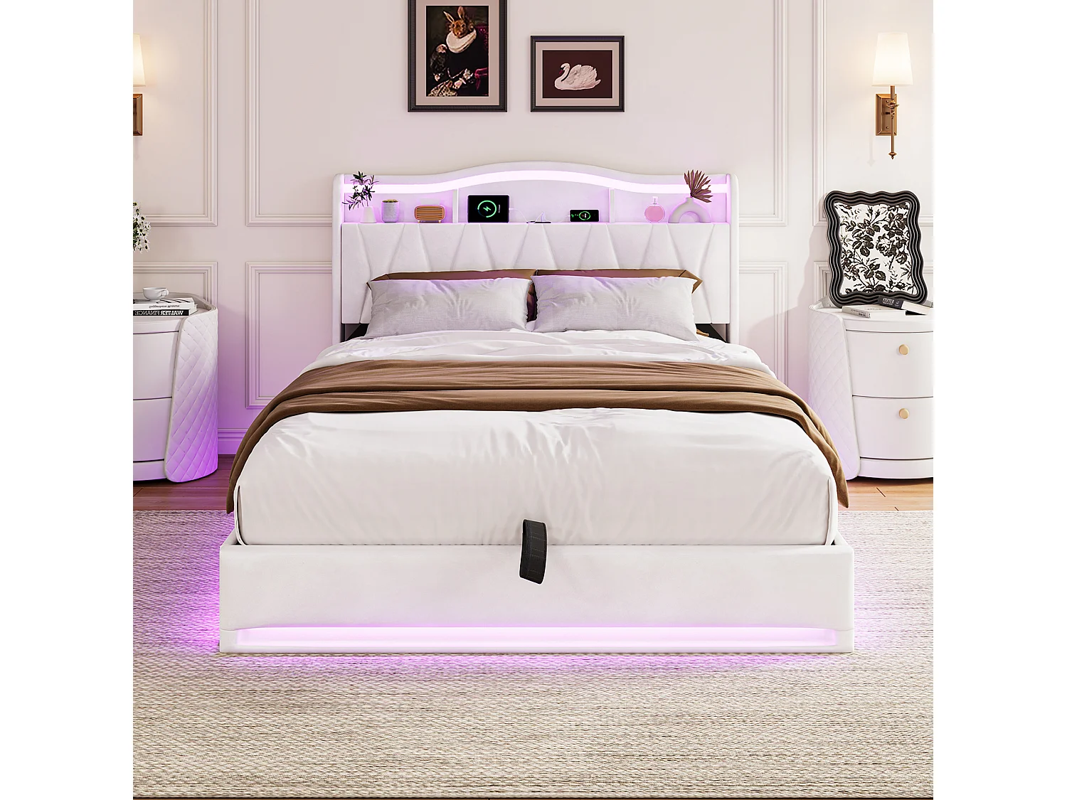 Lit rembourré 180x200 cm avec bande lumineuse, 4 tiroirs, tête de lit réglable en hauteur avec port de charge, lin, gris foncé