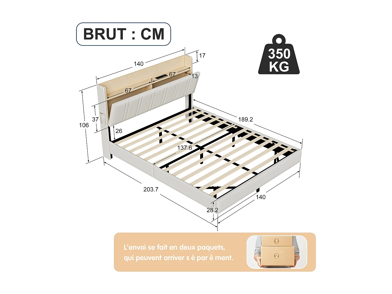 Lit double rembourré 140x190cm, Cadre de lit flottant avec lumières LED et USB, Lit double avec rangement, Lit double, Blanc