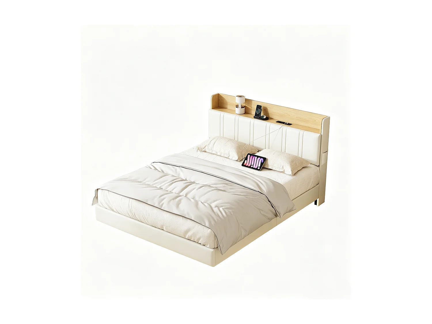 Lit double rembourré 140x190cm, Cadre de lit flottant avec lumières LED et USB, Lit double avec rangement, Lit double, Blanc