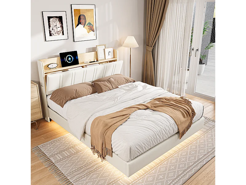 Lit double rembourré 140x190cm, Cadre de lit flottant avec lumières LED et USB, Lit double avec rangement, Lit double, Blanc
