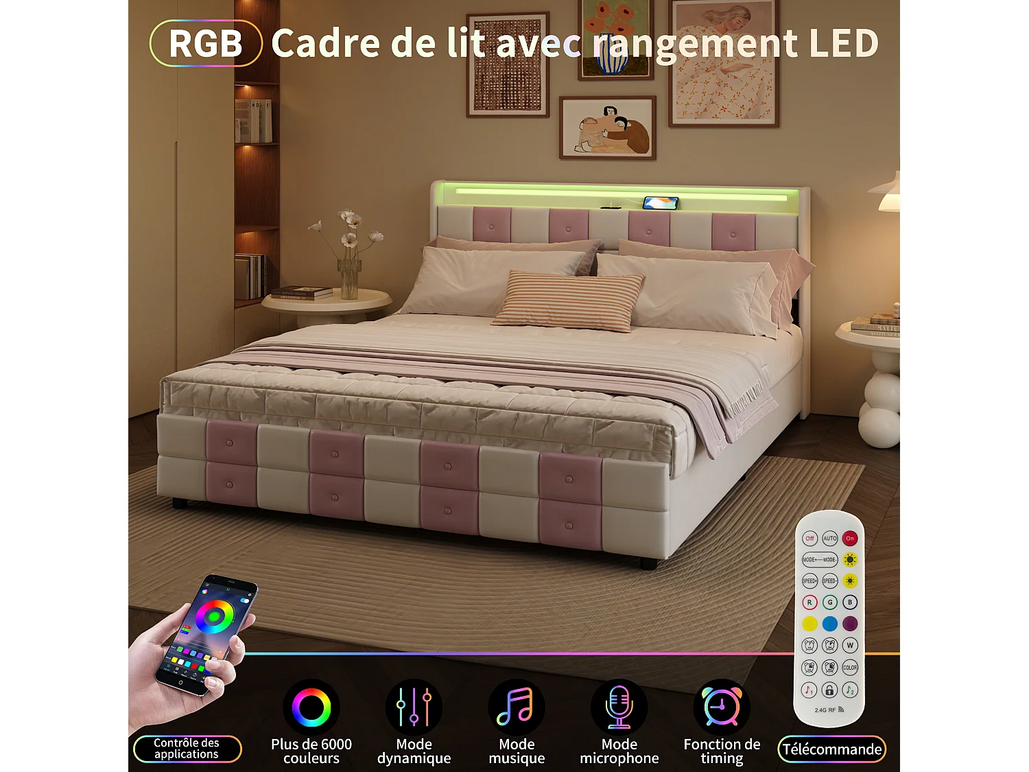 Tweepersoonsbed 140 x 190 cm, gestoffeerd, met USB-poort en LED-lamp, volwassenenbed met 4 opberglades, lattenbodem van hout, fluweel