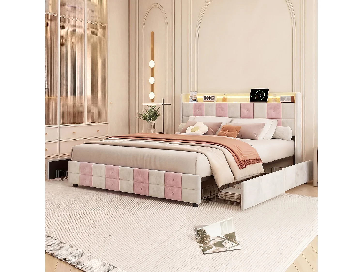 Cama de casal 140 x 190 cm, estofada, com porta USB e candeeiro LED, cama de adulto com 4 gavetas de arrumação, estrado de ripas de madeira, veludo.