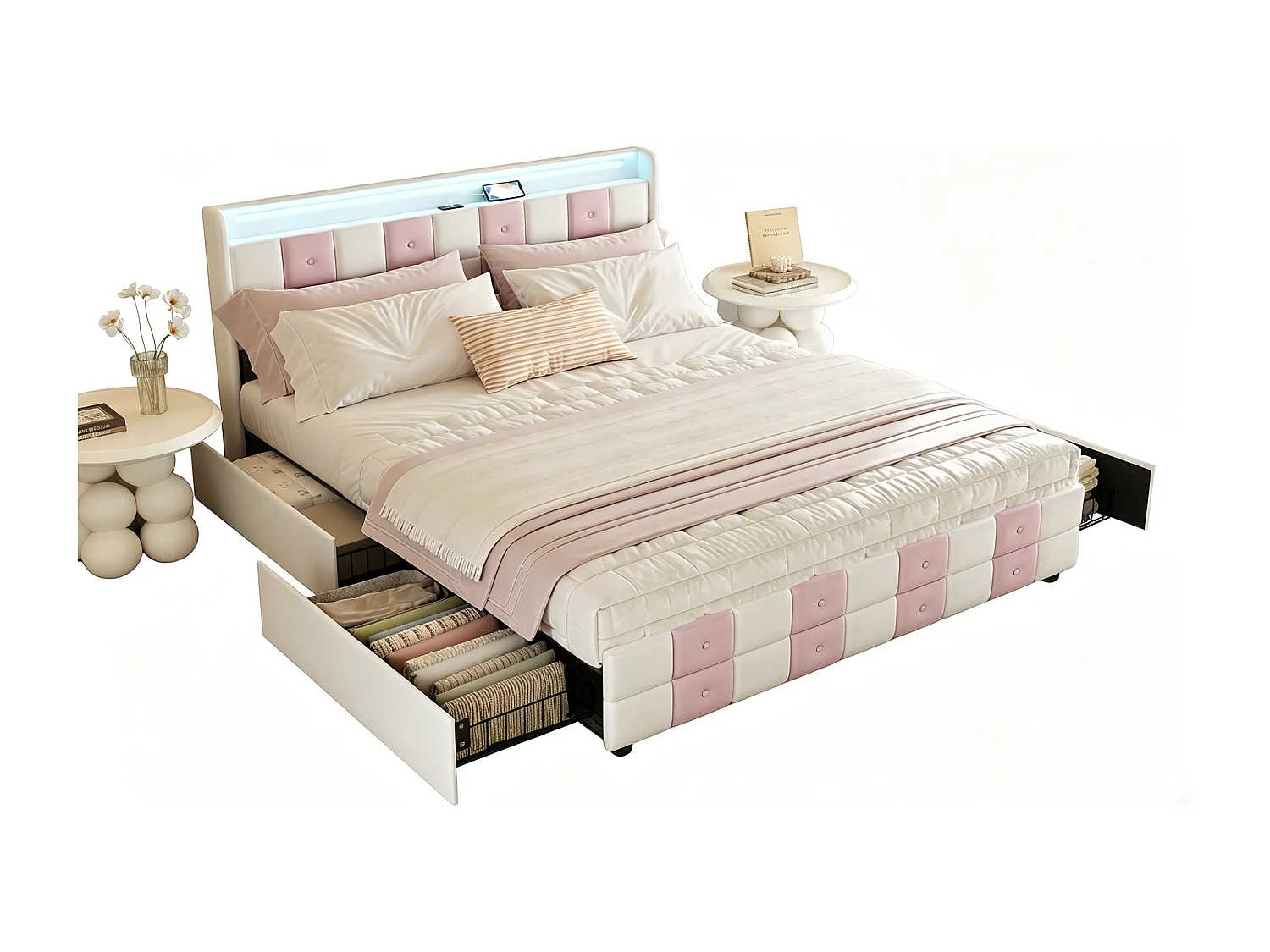 Tweepersoonsbed 140 x 190 cm, gestoffeerd, met USB-poort en LED-lamp, volwassenenbed met 4 opberglades, lattenbodem van hout, fluweel