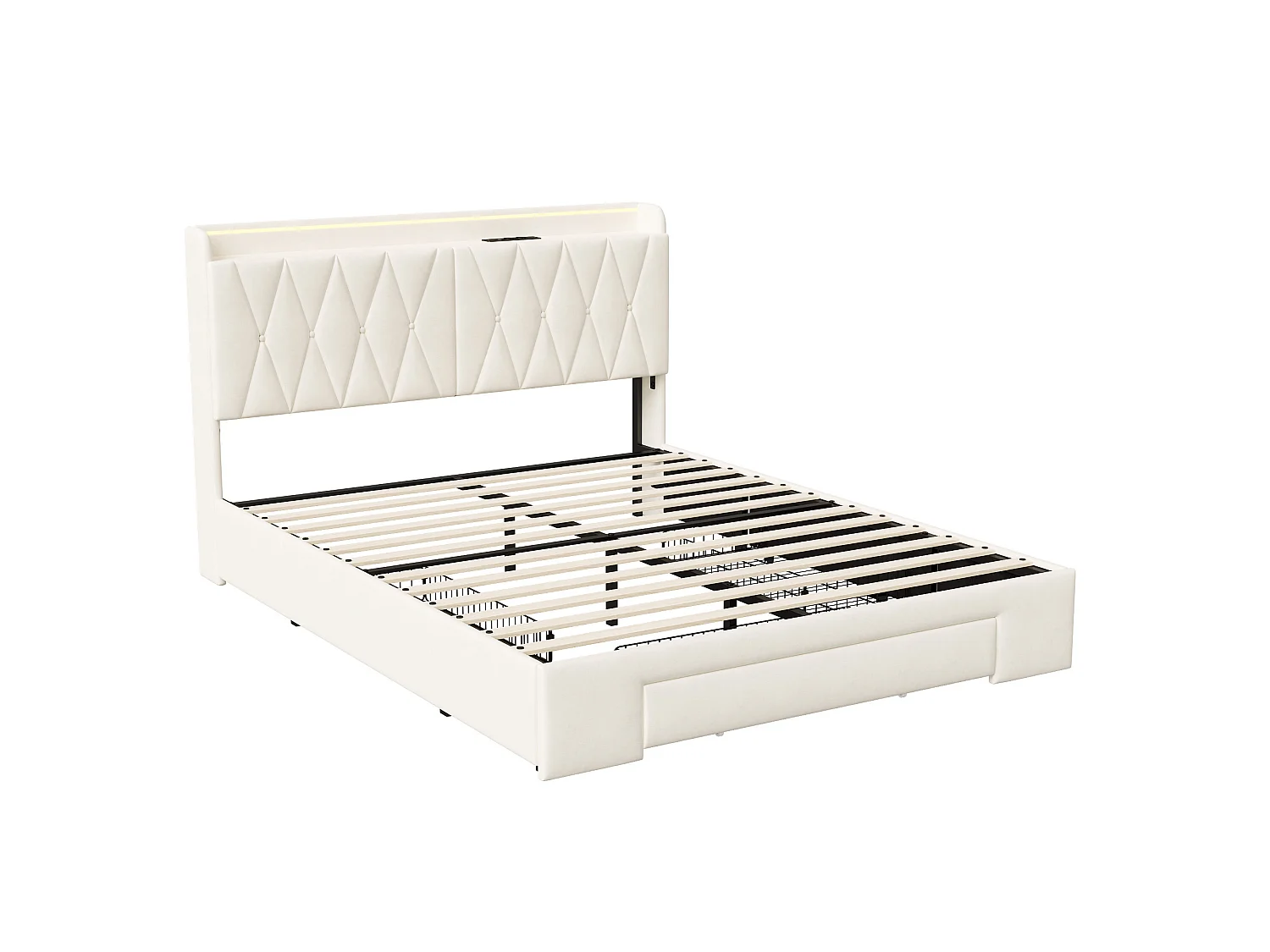 Lit double 140x190 cm avec 3 tiroirs et barre LED, lit avec sommier à lattes et tête de lit avec rangement et port de charge, velours, beige