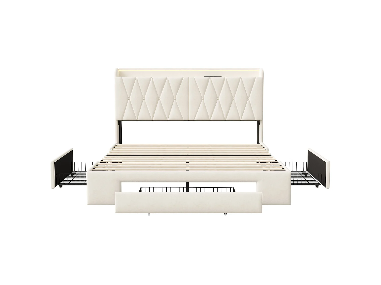 Lit double 140x190 cm avec 3 tiroirs et barre LED, lit avec sommier à lattes et tête de lit avec rangement et port de charge, velours, beige