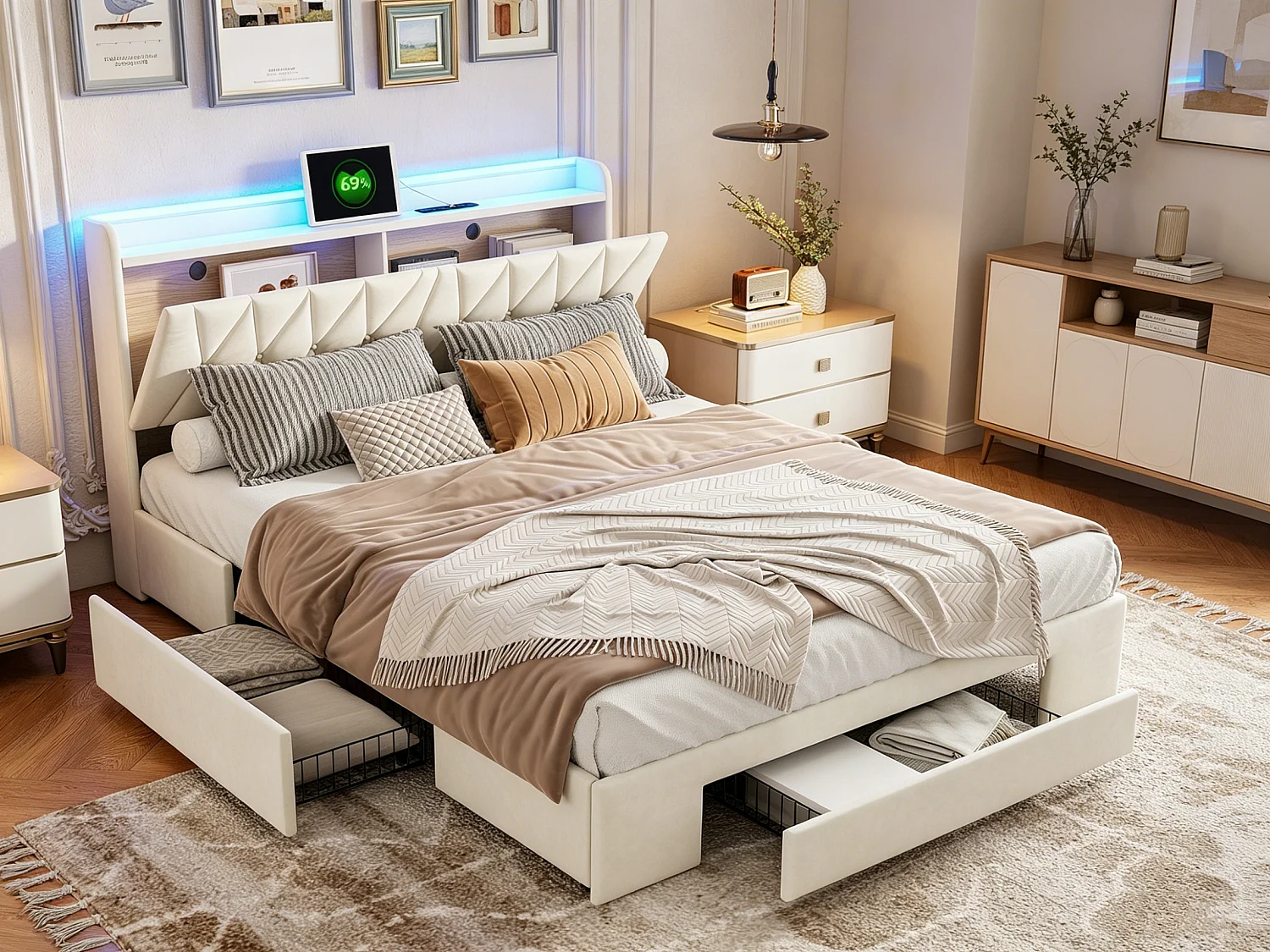 Lit double 140x190 cm avec 3 tiroirs et barre LED, lit avec sommier à lattes et tête de lit avec rangement et port de charge, velours, beige