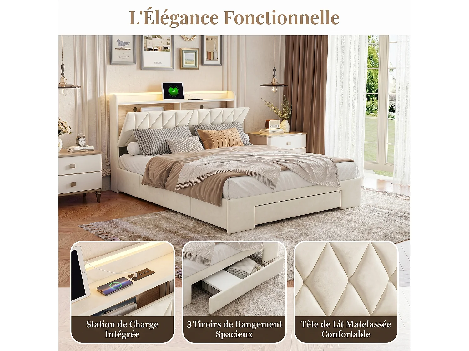 Lit double 140x190 cm avec 3 tiroirs et barre LED, lit avec sommier à lattes et tête de lit avec rangement et port de charge, velours, beige