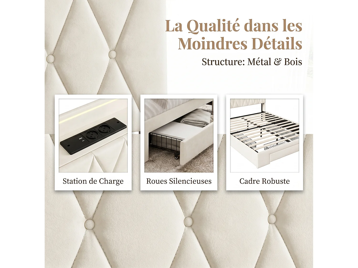 Lit double 140x190 cm avec 3 tiroirs et barre LED, lit avec sommier à lattes et tête de lit avec rangement et port de charge, velours, beige