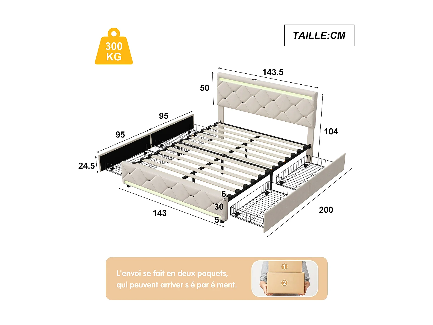 140 x 190 cm bed, gestoffeerd bed met draagfunctie, hoofdbord met lichtbalk en 4 lades, tweepersoonsbed met lattenbodem, fluweel, beige
