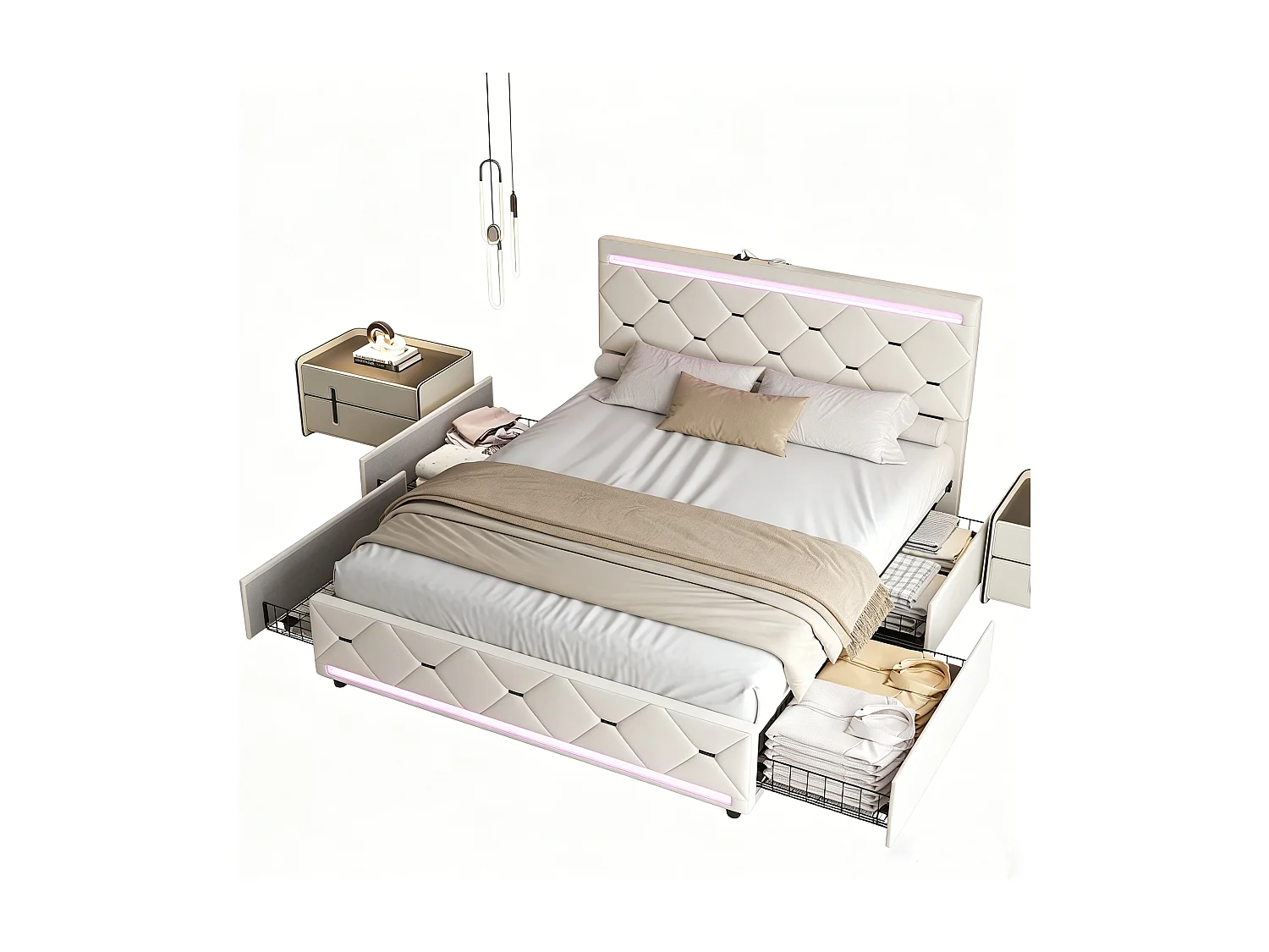 140 x 190 cm bed, gestoffeerd bed met draagfunctie, hoofdbord met lichtbalk en 4 lades, tweepersoonsbed met lattenbodem, fluweel, beige