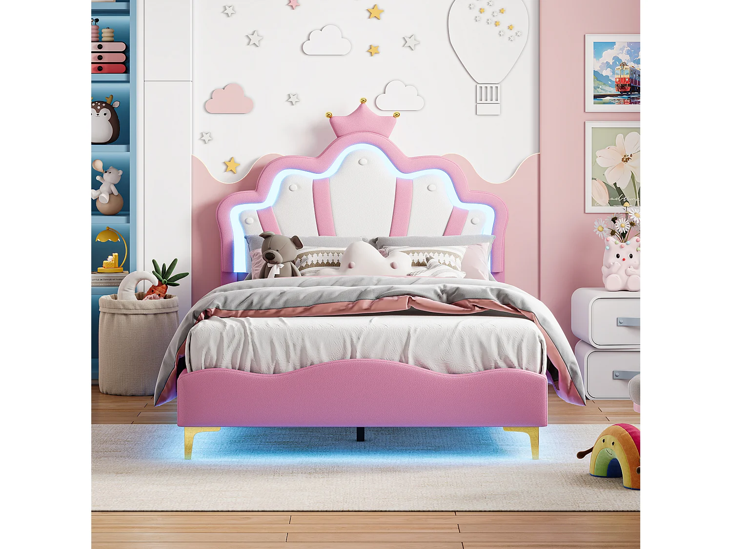Gestoffeerd tweepersoonsbed 140x200cm - Zwevend bedframe met ledverlichting en USB-poort - Tweepersoonsbed met opbergruimte - Tweepersoonsbed - Wit