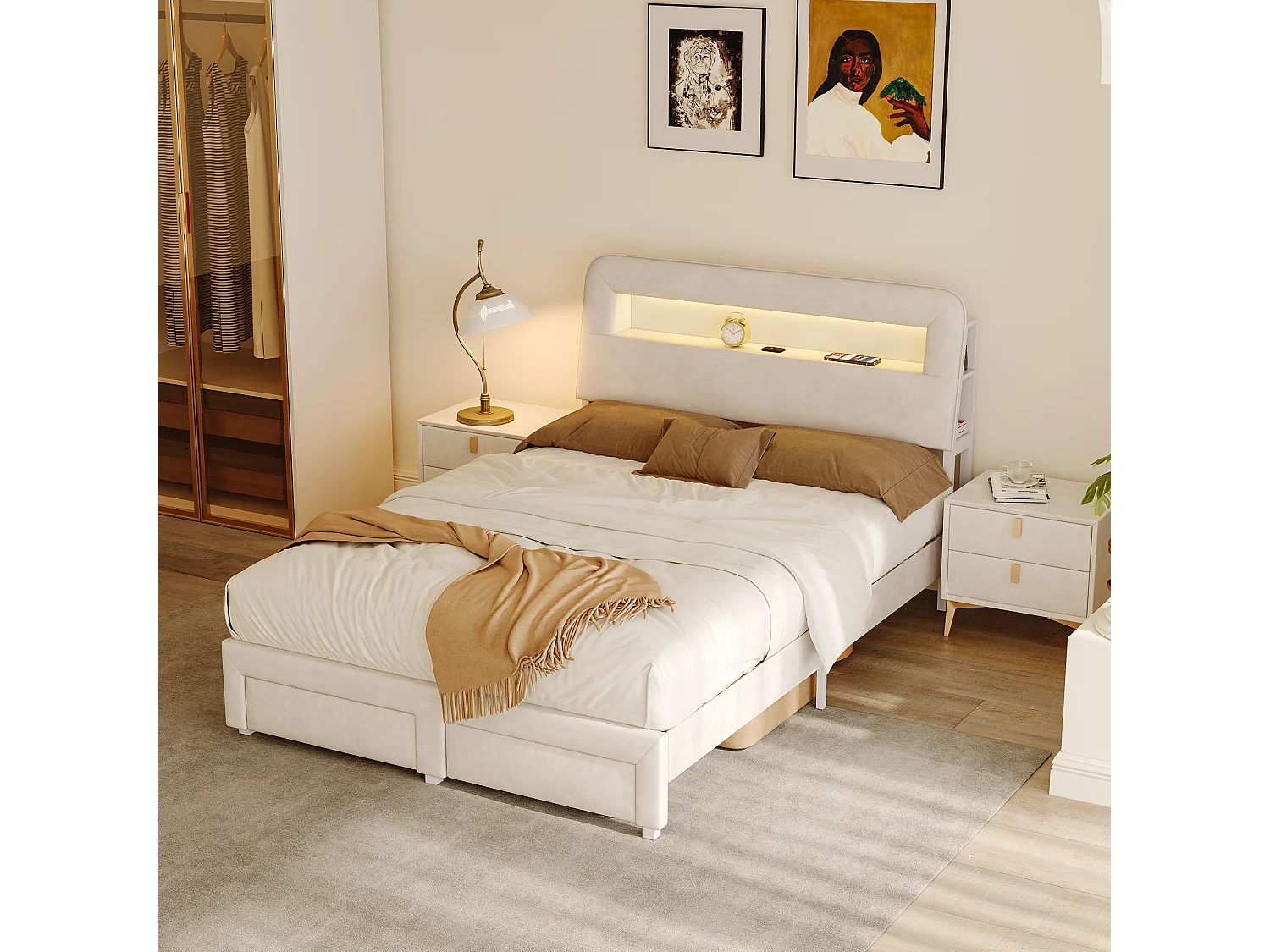 Lit rembourré 160 x 200 cm, Lit double avec rangement, tiroirs et tête de lit, LED et USB, Sommier à lattes, Velours, Beige