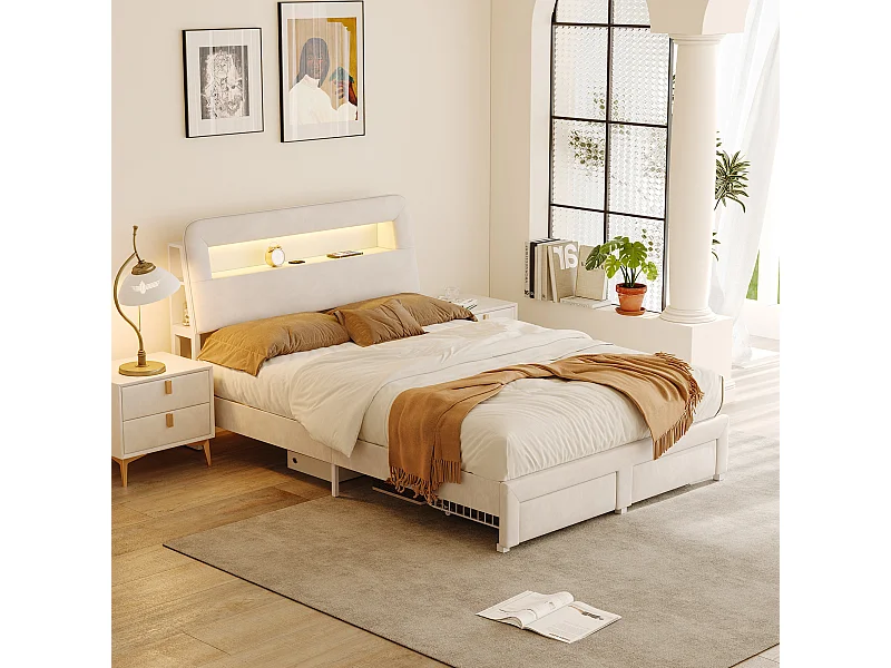 Lit rembourré 160 x 200 cm, Lit double avec rangement, tiroirs et tête de lit, LED et USB, Sommier à lattes, Velours, Beige