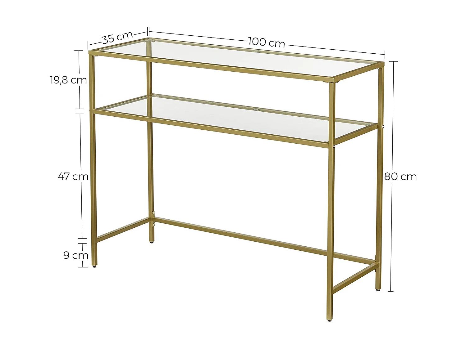 Valora Wohnzimmerkonsole, Tisch, Glas, Gold, Metallregale