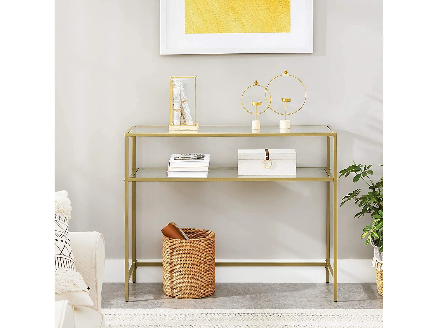 Valora Wohnzimmerkonsole, Tisch, Glas, Gold, Metallregale
