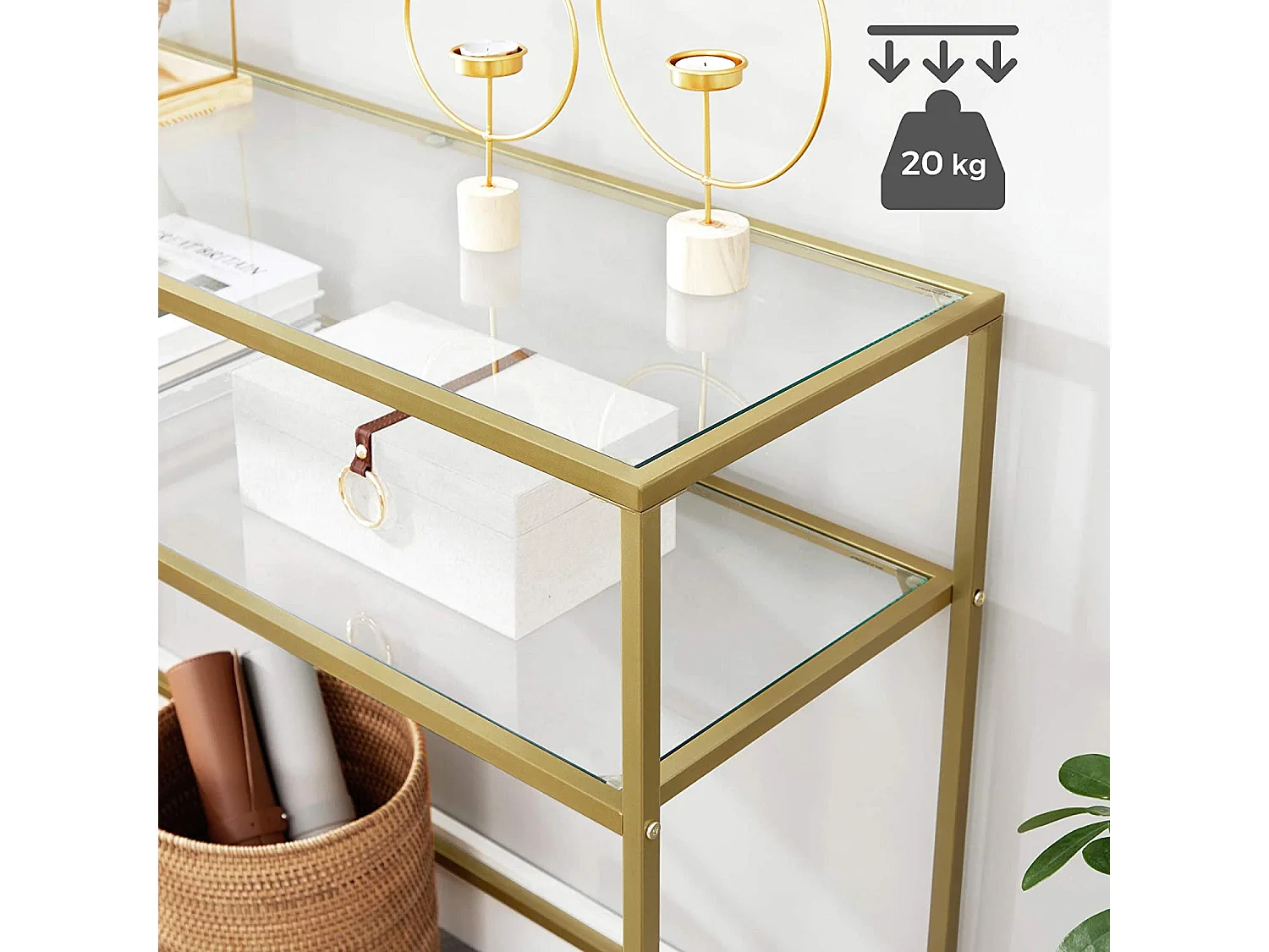 Valora Wohnzimmerkonsole, Tisch, Glas, Gold, Metallregale