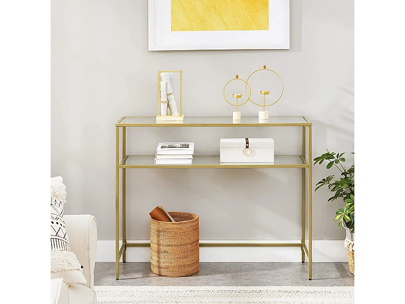 Console de salon Valora, table en verre, étagères en métal doré