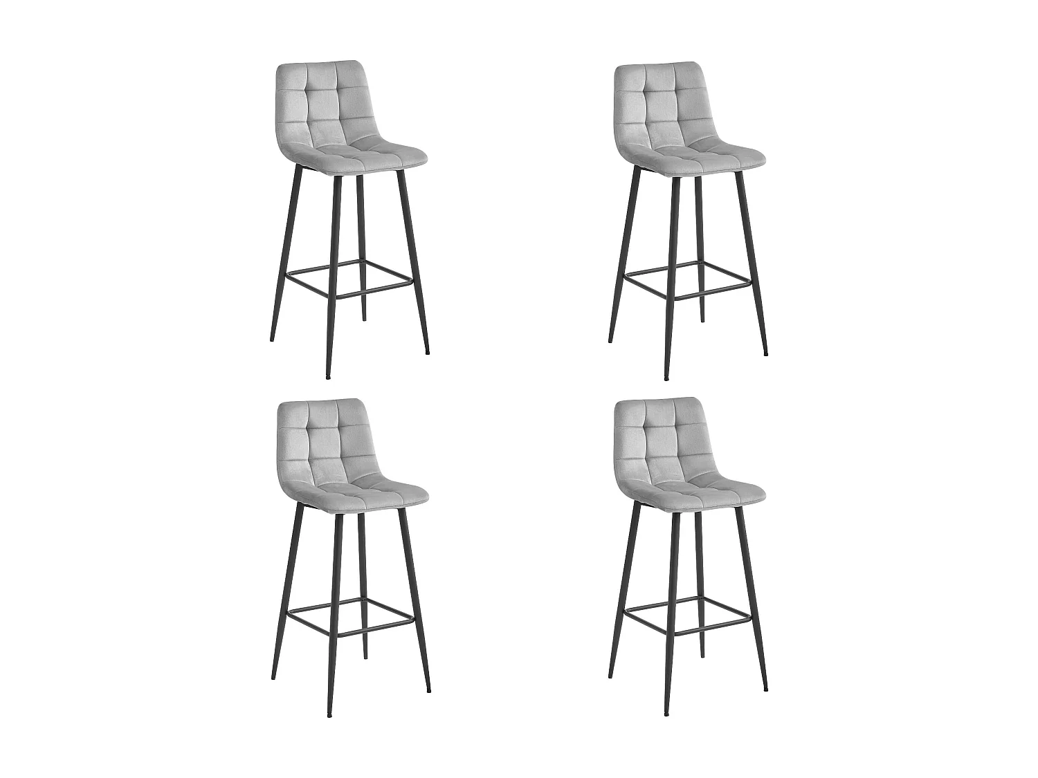 Tabouret Valora TEOTO en velours gris argenté, pieds noirs, pour cuisine (x4)