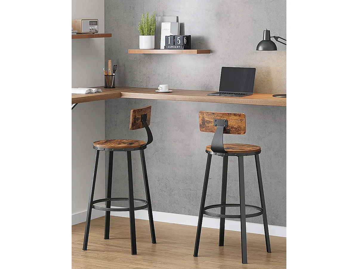 Tabourets de bar Valora, lot de 2, style loft rustique marron pour cuisine