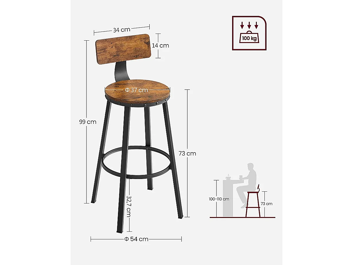 Tabourets de bar Valora, lot de 2, style loft rustique marron pour cuisine