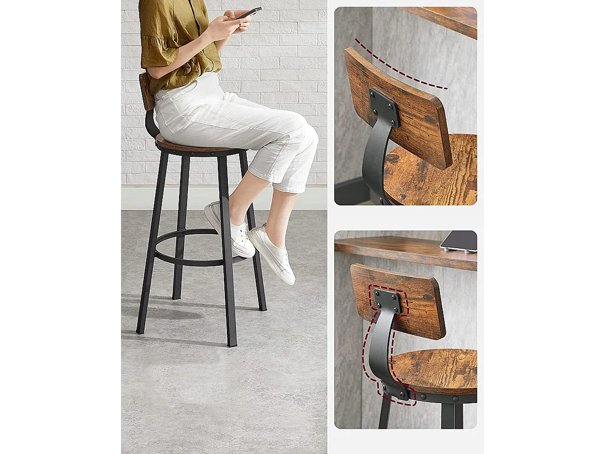 Tabourets de bar Valora, lot de 2, style loft rustique marron pour cuisine