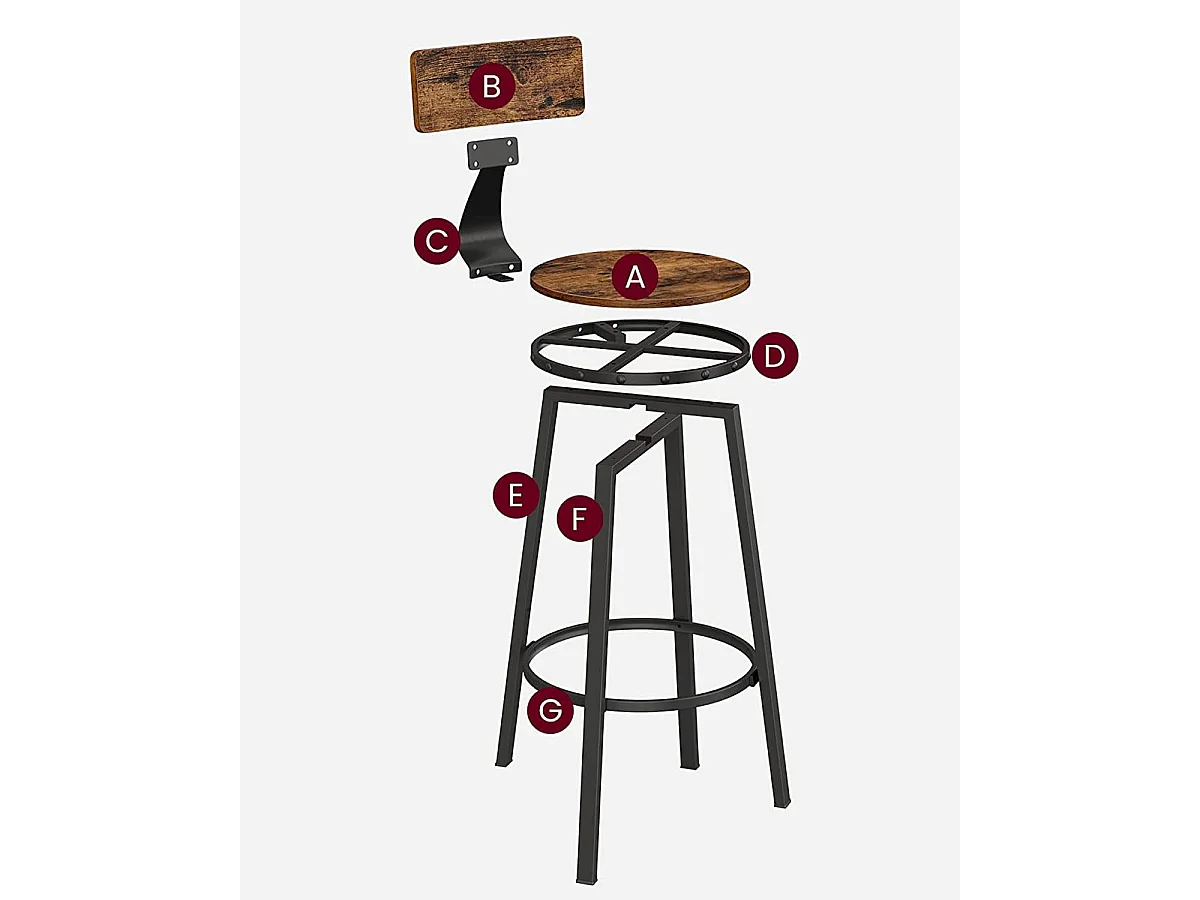 Tabourets de bar Valora, lot de 2, style loft rustique marron pour cuisine