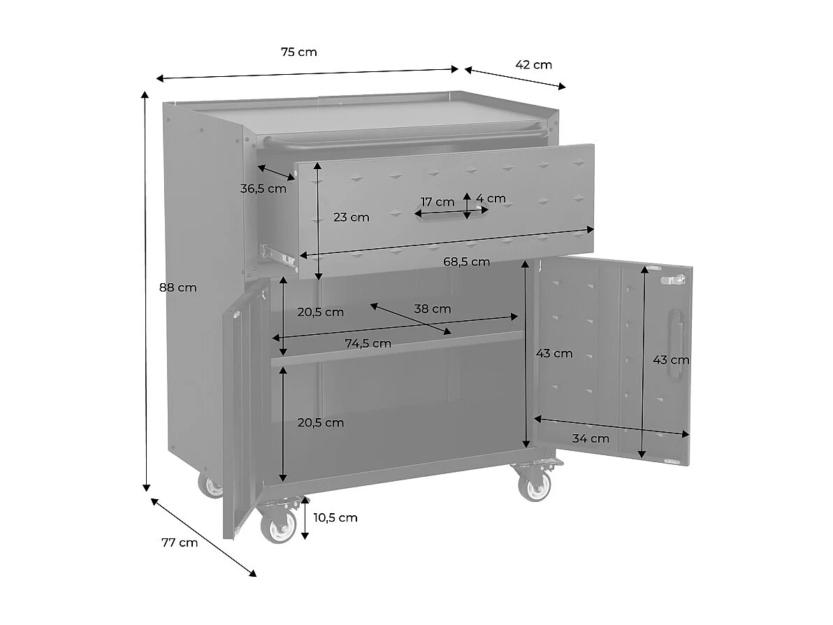 Meuble bas de rangement pour garage avec 1 tiroir et 2 portes