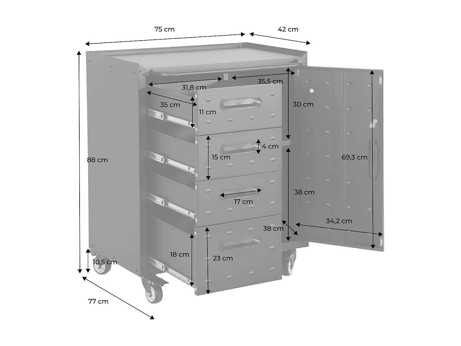 Mueble bajo de almacenamiento para garaje con 4 cajones y una puerta