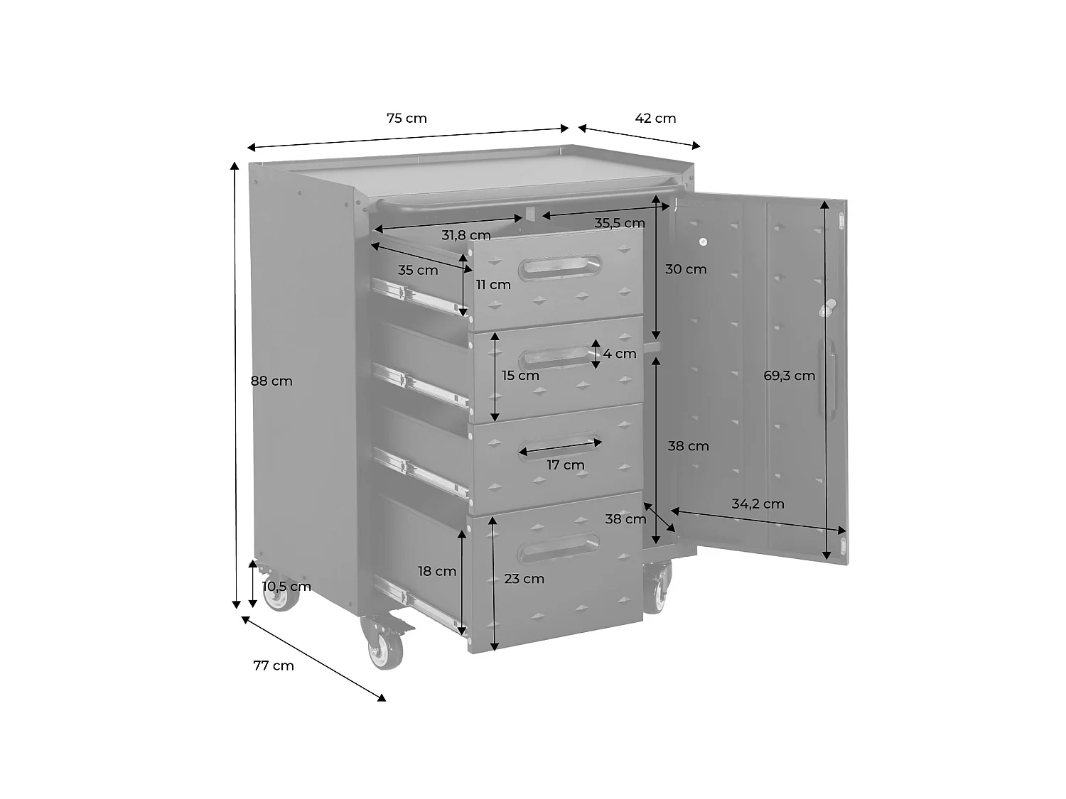 Meuble bas de rangement pour garage avec 4 tiroirs et une porte