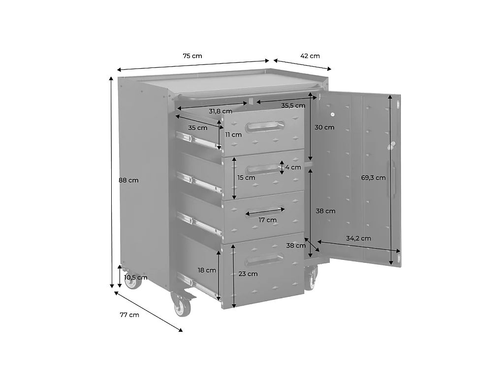 Meuble bas de rangement pour garage avec 4 tiroirs et une porte