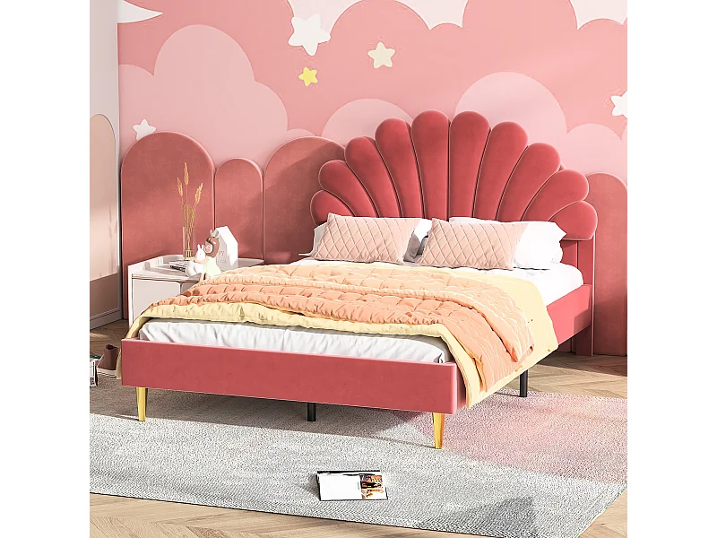 Lit rembourré 140x200cm-lit avec sommier à lattes-velours-lit double avec tête de lit pétale-bordeaux