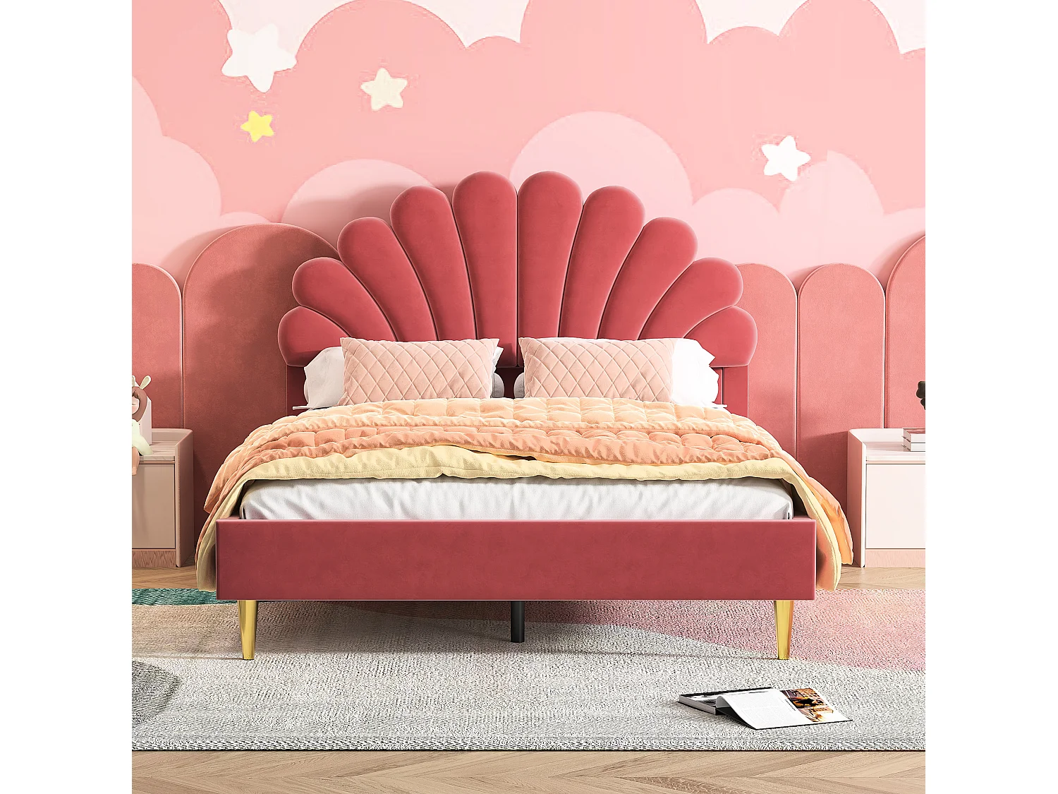 Lit rembourré 140x200cm-lit avec sommier à lattes-velours-lit double avec tête de lit pétale-bordeaux