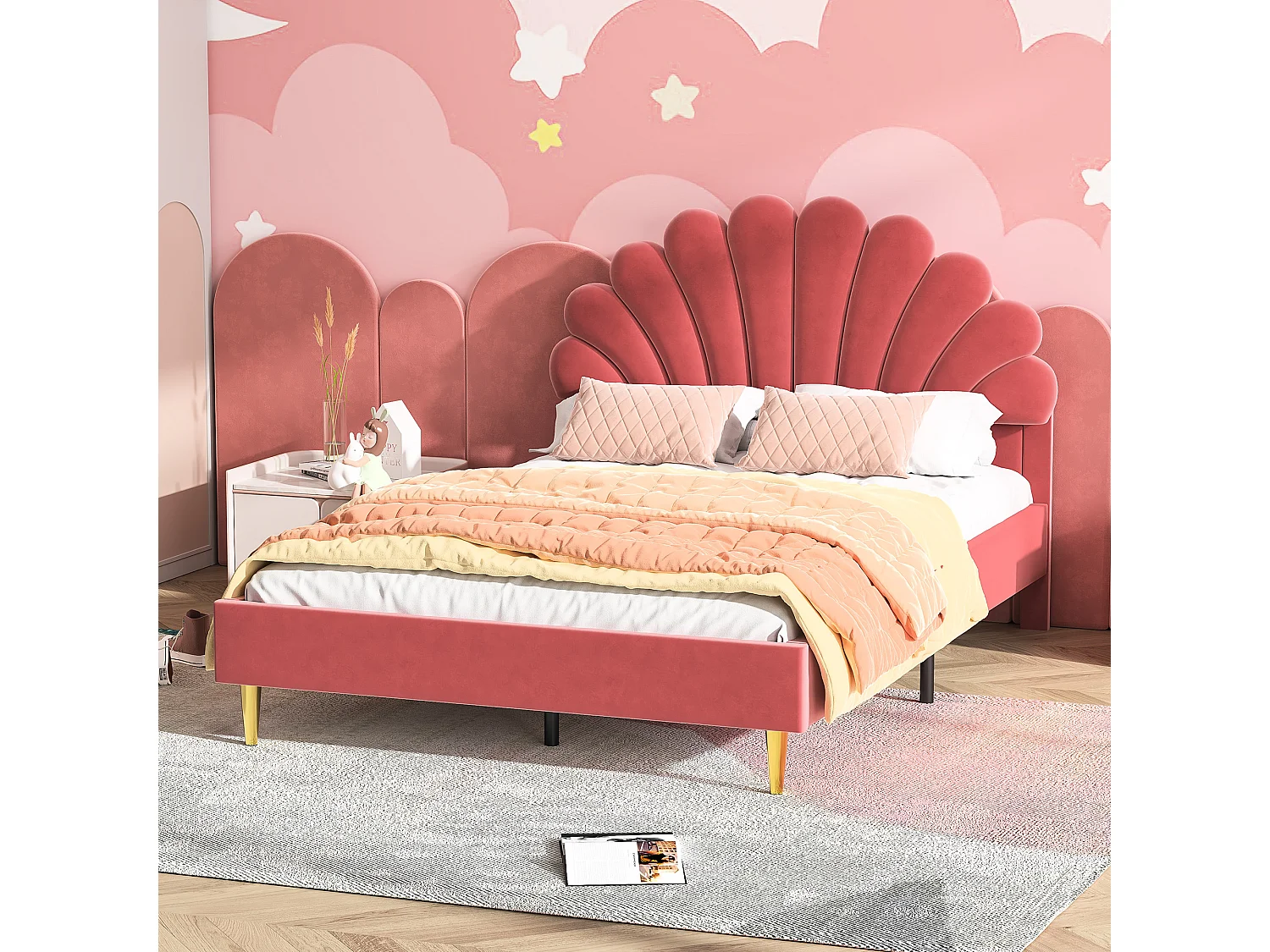 Lit rembourré 140x200cm-lit avec sommier à lattes-velours-lit double avec tête de lit pétale-bordeaux