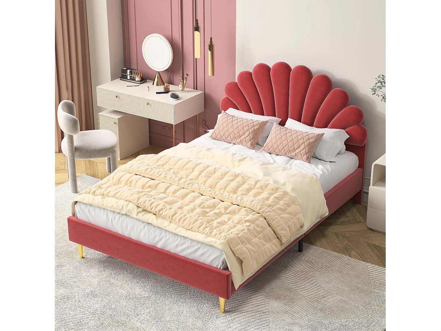 Cama estofada 140x200cm - cama com estrado de ripas - veludo - cama de casal com cabeceira em forma de pétala - cor bordeaux