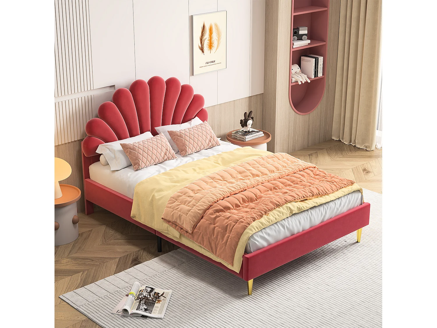 Cama estofada 140x200cm - cama com estrado de ripas - veludo - cama de casal com cabeceira em forma de pétala - cor bordeaux