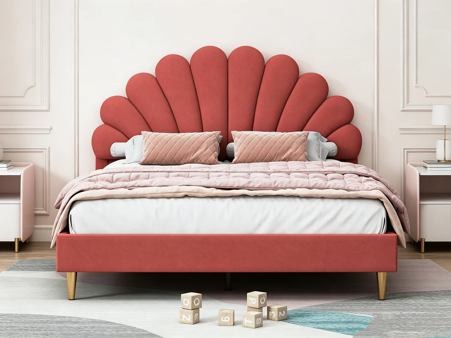 Cama estofada 140x200cm - cama com estrado de ripas - veludo - cama de casal com cabeceira em forma de pétala - cor bordeaux