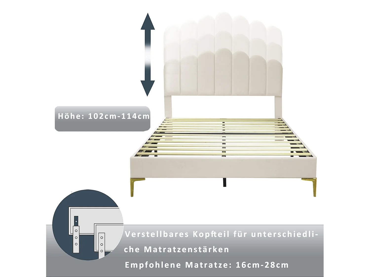 Lit double 140 x 200 cm-lit avec sommier à lattes-tête de lit réglable-velours-beige