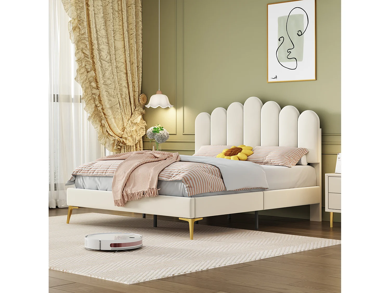 Tweepersoonsbed 140 x 200 cm - bed met lattenbodem - verstelbaar hoofdeinde - fluweel - beige