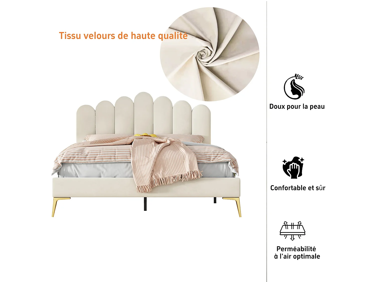 Tweepersoonsbed 140 x 200 cm - bed met lattenbodem - verstelbaar hoofdeinde - fluweel - beige