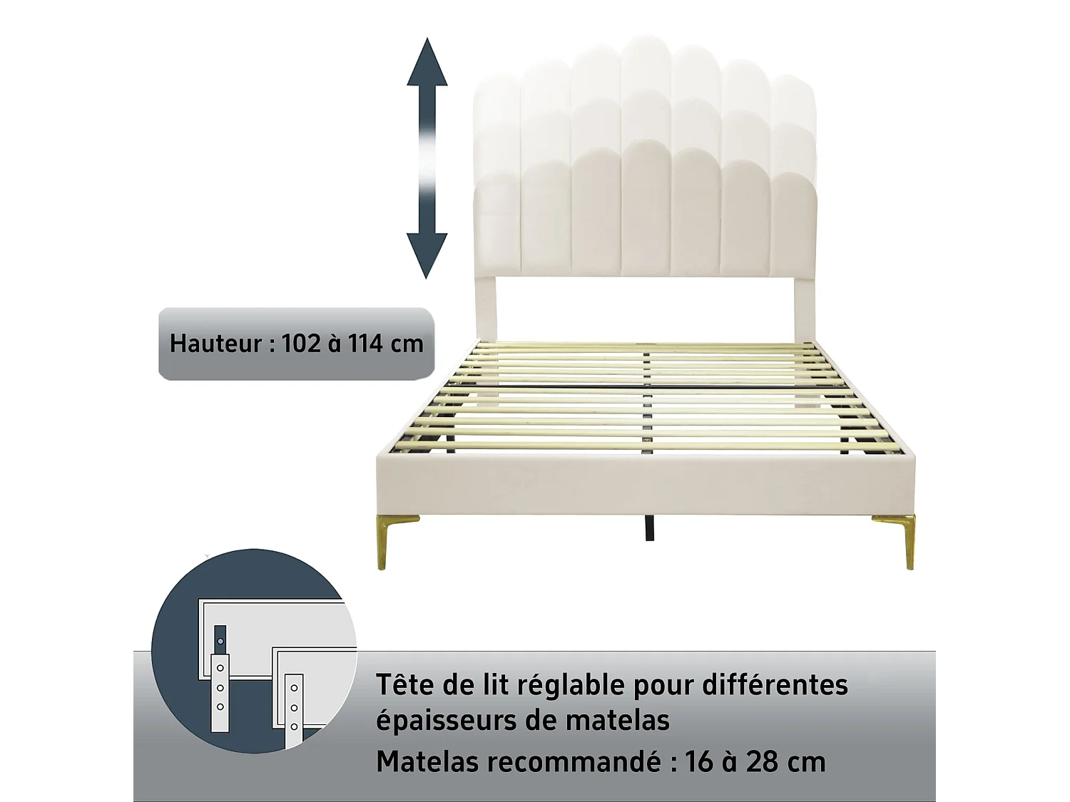 Tweepersoonsbed 140 x 200 cm - bed met lattenbodem - verstelbaar hoofdeinde - fluweel - beige