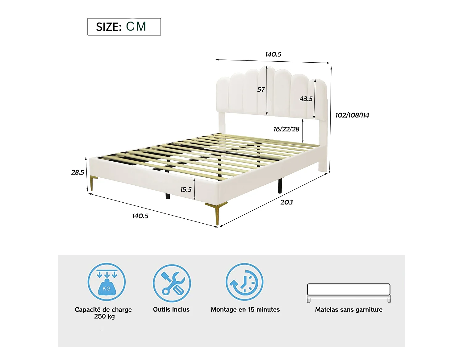 Tweepersoonsbed 140 x 200 cm - bed met lattenbodem - verstelbaar hoofdeinde - fluweel - beige