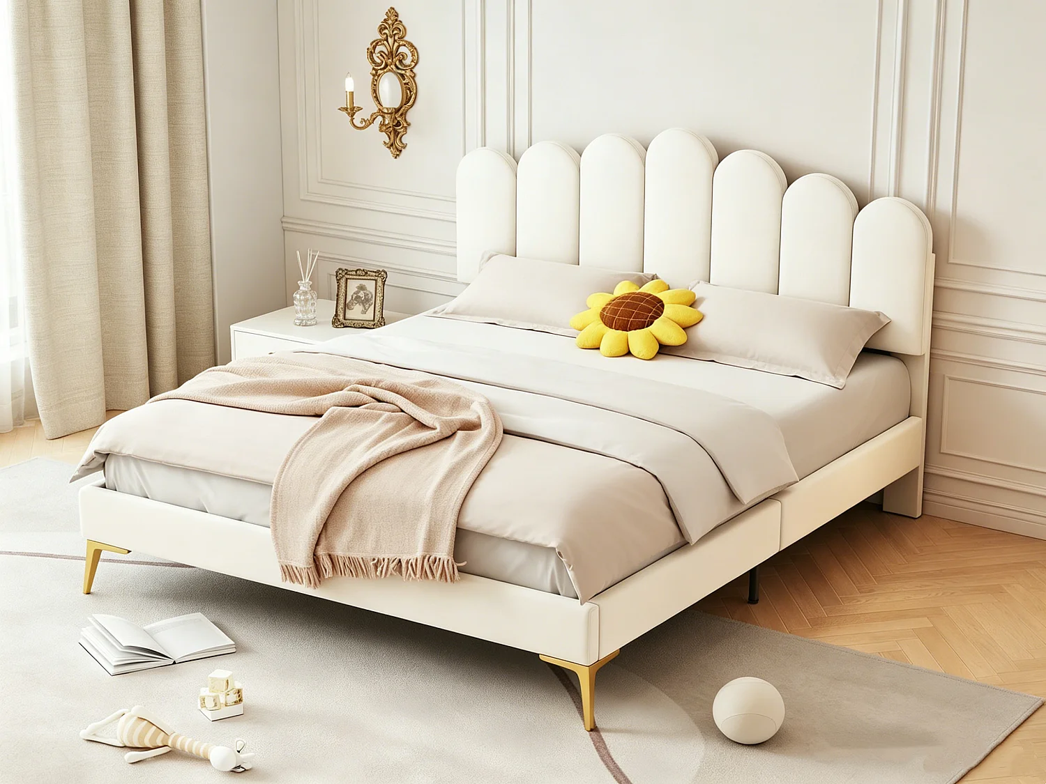 Tweepersoonsbed 140 x 200 cm - bed met lattenbodem - verstelbaar hoofdeinde - fluweel - beige