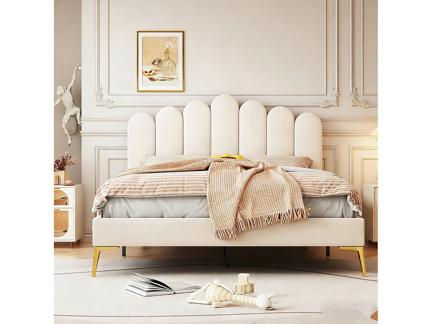 Tweepersoonsbed 140 x 200 cm - bed met lattenbodem - verstelbaar hoofdeinde - fluweel - beige