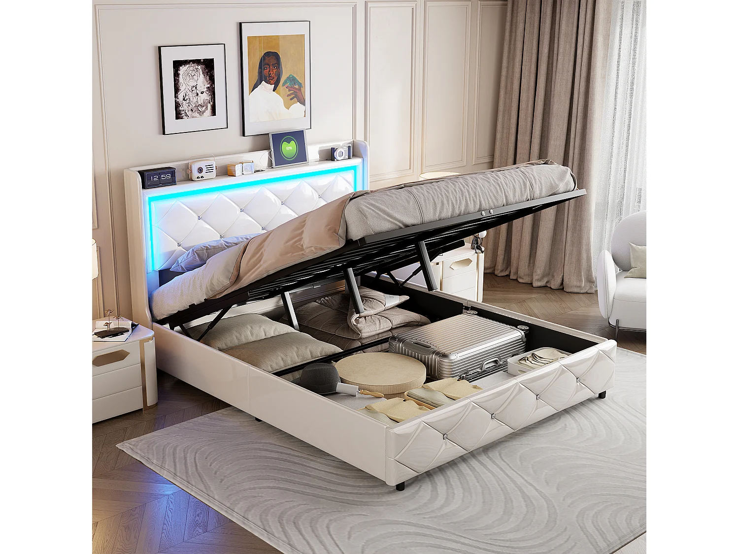 Lit double 160x200cm avec ceinture lumineuse-lit coffre hydraulique- tête de lit avec port de charge-PU-blanc