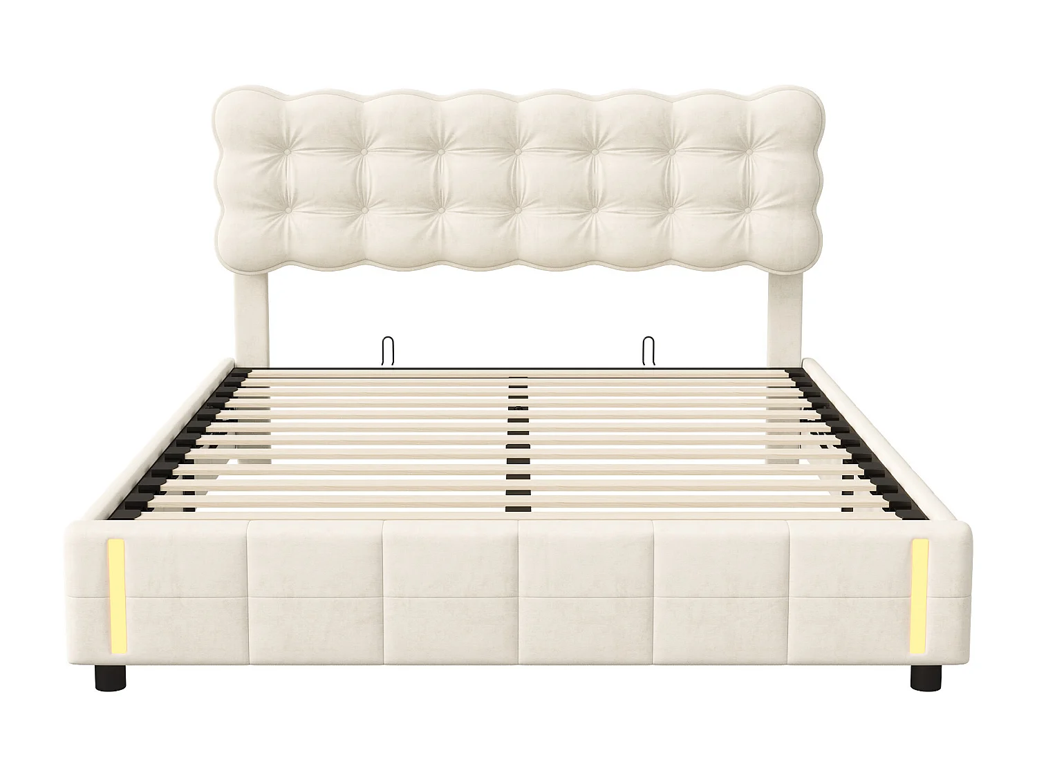 Lit double 140 x 200 cm en velours-tête de lit relevable-rangements hydrauliques-barre lumineuse-beige