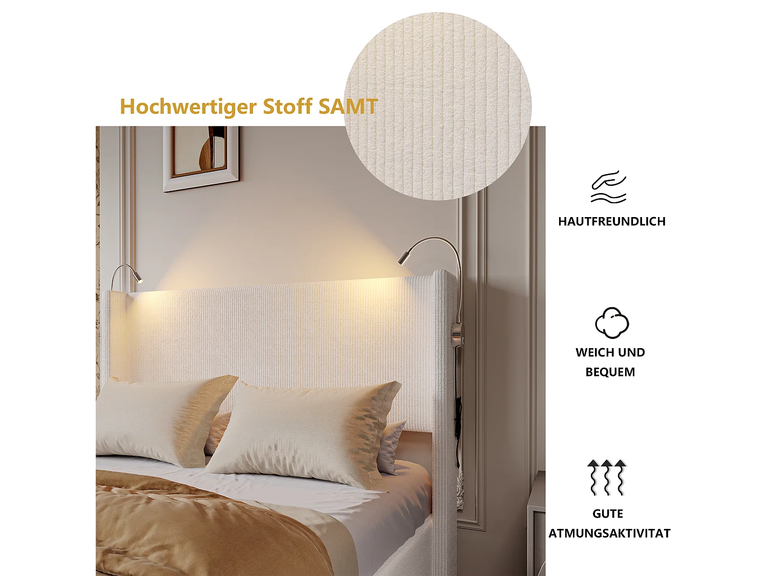 Lit double 140x200 cm-lit hydraulique avec lampe de lecture et tête de lit réglables-lampe de lecture avec port de charge tête de lit,Blanc