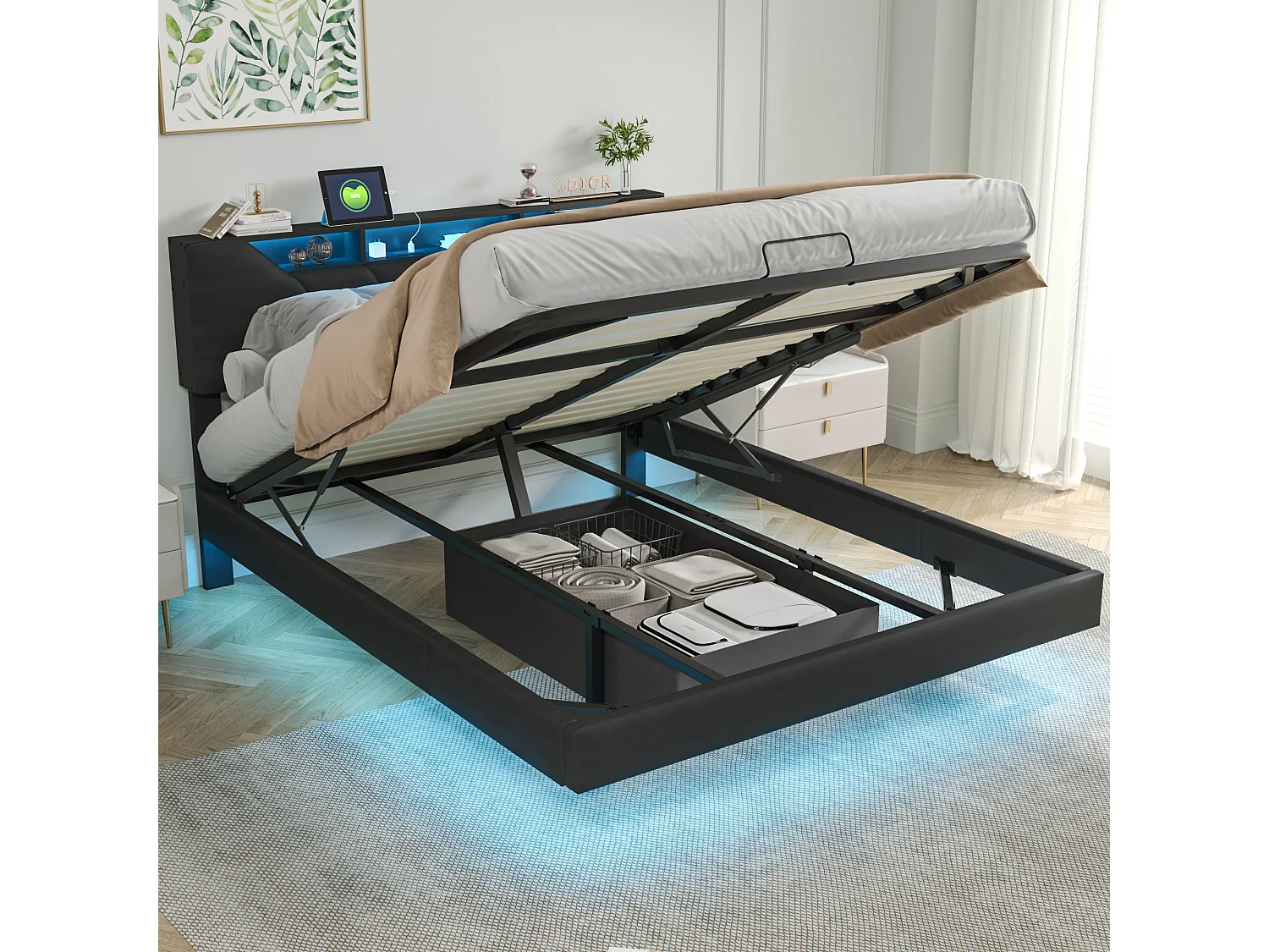 Gestoffeerd bed 160x200cm - tweepersoonsbedframe met gasveren en lattenbodem - bed met LED-lichtbalk - zwart